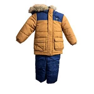 OshKosh B'gosh Toddler Boys Brown & Navy Blue Coat & Snowbib Set Size 4T